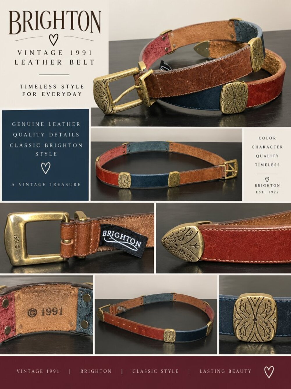 Vintage Brighton 1991 Multicolor Leather Concho Belt Brass Western Boho